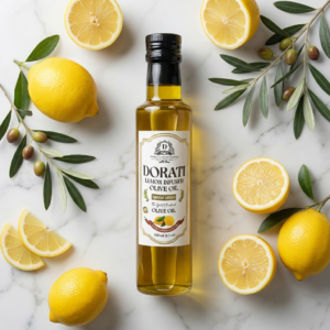 DORATI Lemon Infused Extra Virgin Olive Oil – Italian First Cold Pressed Olive Oil, Polyphenol Rich, Gourmet EVOO for Cooking, Dressings, Dipping & Salads – 250ml (8.5 oz.) Glass Bottle